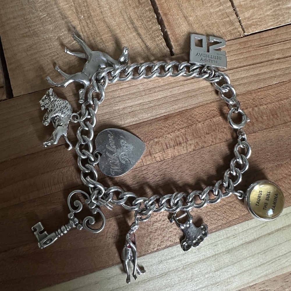 VTG Western Charm Bracelet 6.75 Inch Horse Buffalo Key Heart 925‎ Sterling 34.8g